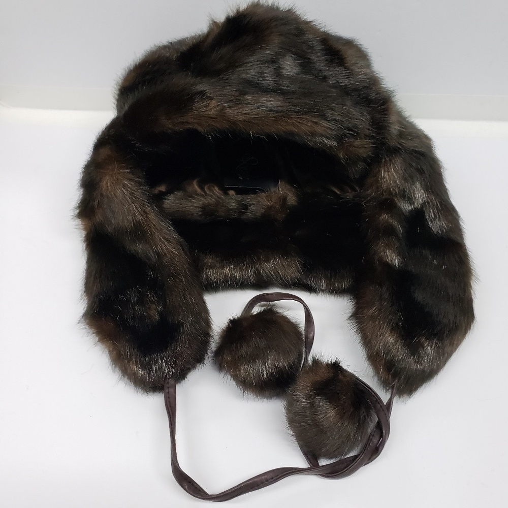 Womens Dark Brown  Faux Fur Quality Made Hat With Ear Flaps Ties And Pom Poms